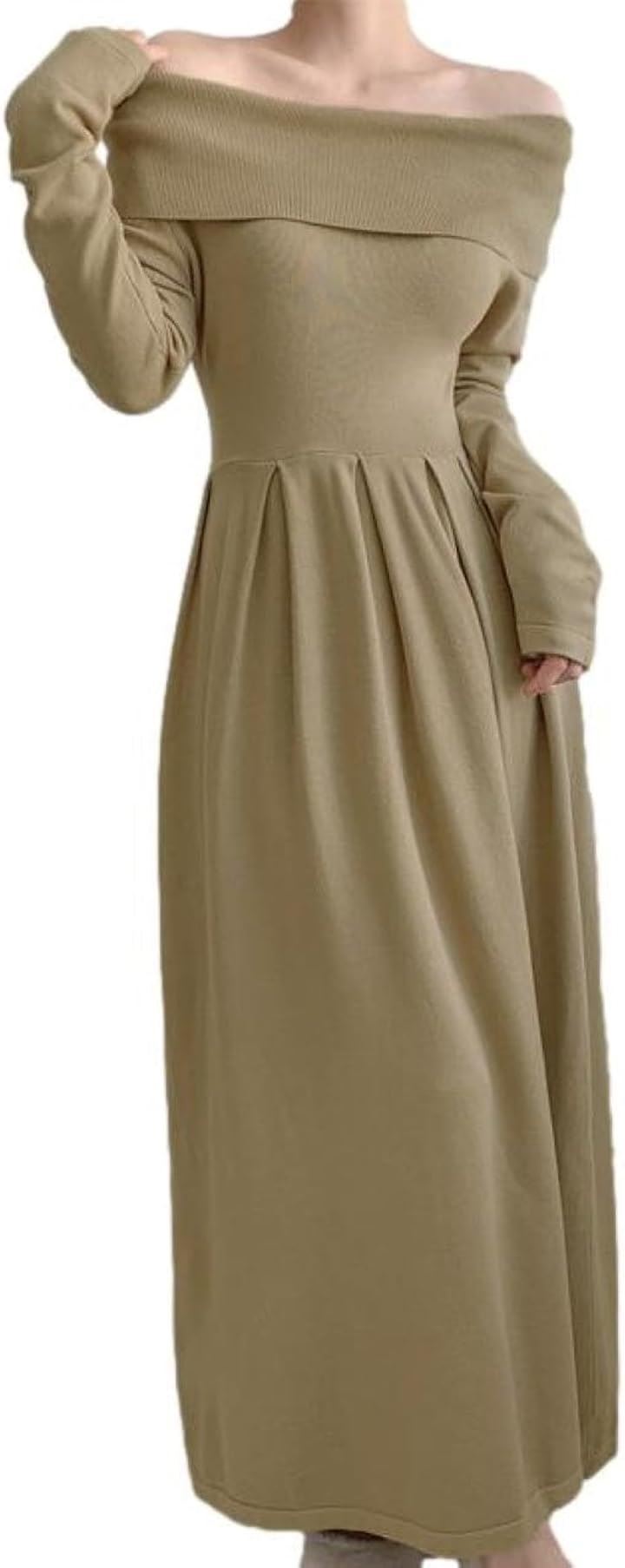 ロングニットワンピース オフショルダー レディース フィット＆フレア ハイウエスト 長袖 ボックスプリーツ コーディネート エレガンス レディライク シルエット 無地(ベージュ, S)