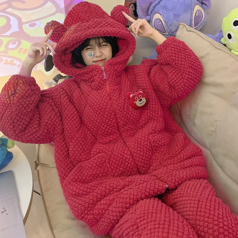 秋と冬の女性用コーラルベルベットパジャマ新しいスタイル屋外で着用可能プラスベルベット厚くて暖かい三層キルティングフランネルホーム服