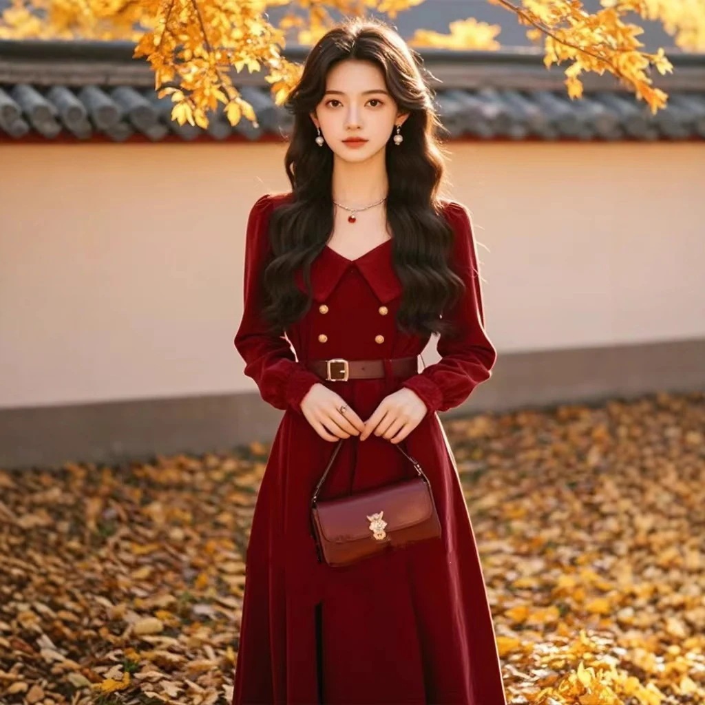 2026春 アンコーラレッド コーデュロイ フォーマルワンピース