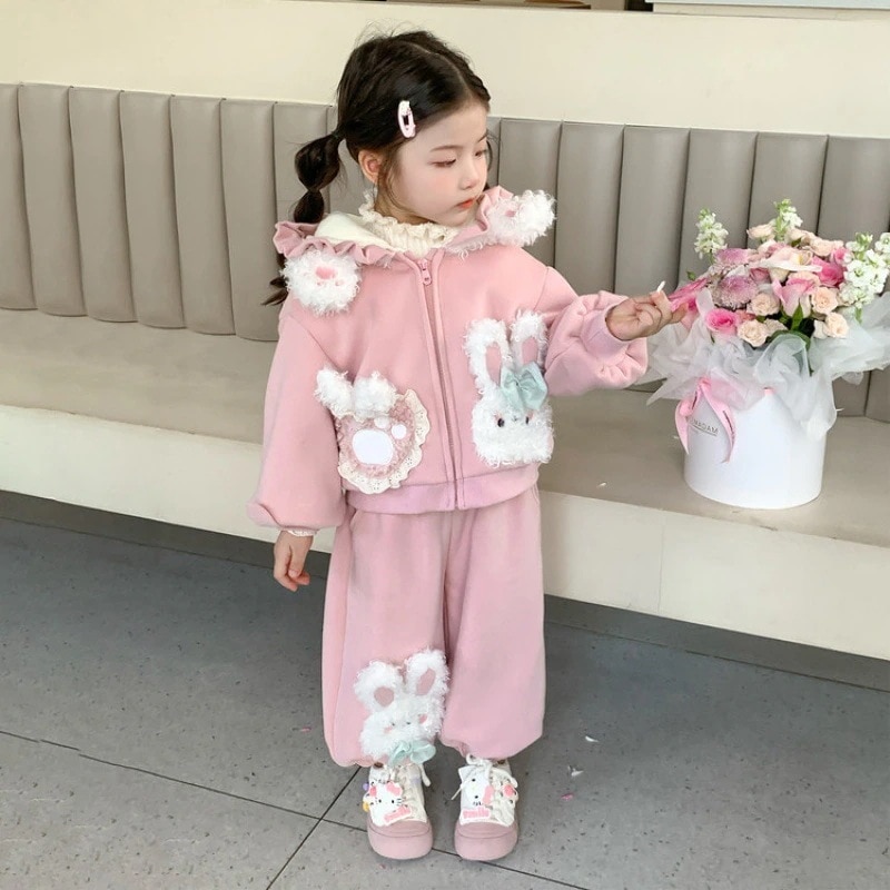 女の子秋冬セット新作 かわいいキャラクター ベビースイート裏起毛保温 キッズ セットアップ
