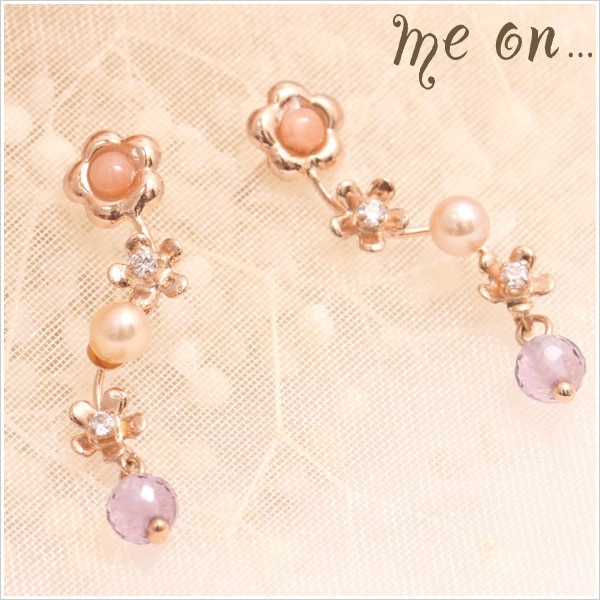 me on... K10PG ピンクサンゴ オレンジパール フラワー 花 ピアス 発送目安２-３週間