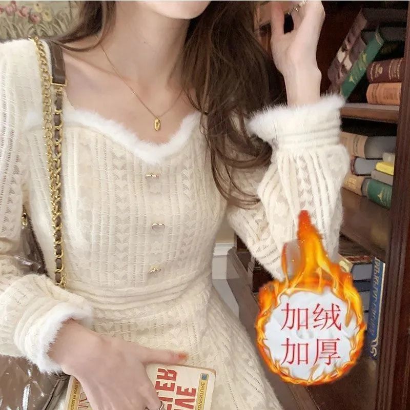 スイートデートコートミンクスプライシングレースプラスベルベットスクエアカラー気質厚みのあるドレス