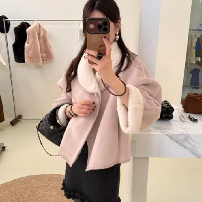 襟付きフワフワアウター ファーレザー一体型 保温ショートコート フェイクファー