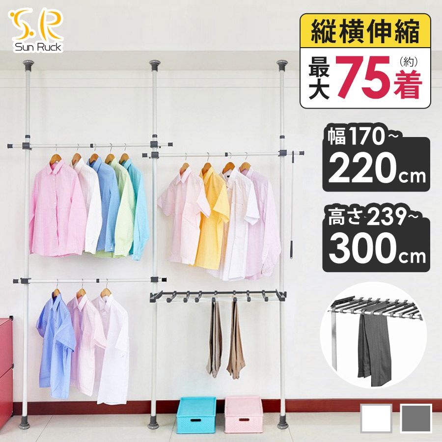 突っ張り棒 ハンガーラック 2段 幅170-220cm 伸縮 耐荷重100kg 高さ調節 天井突っ張り式 つっぱり棒 ロング ポールハンガー 強力 服 衣類 収納 部屋干し 室内物干し 物干し竿