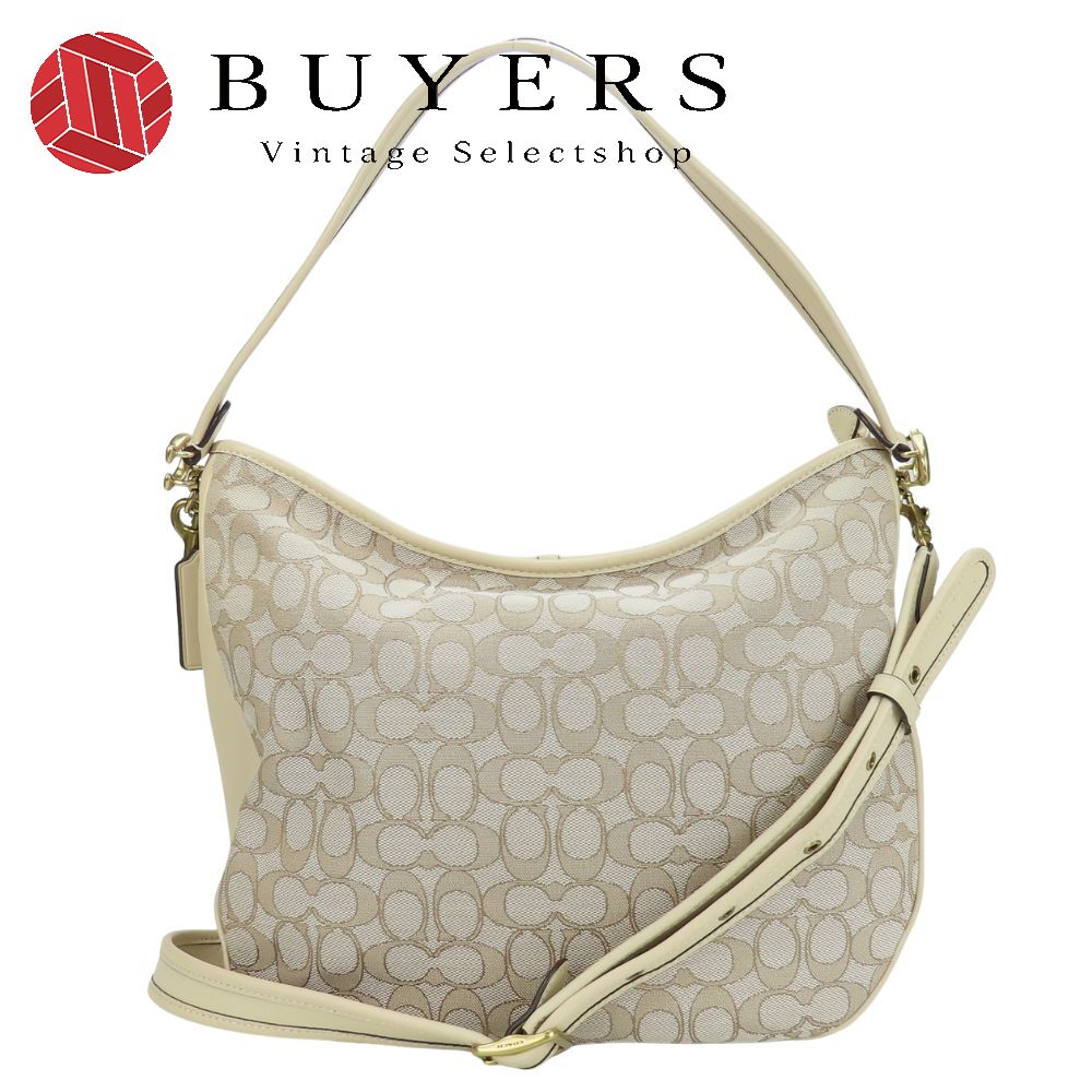 中古 ショルダーバッグ ソフト タビー ホーボー C6659 シグネチャー レザー キャンバス アイボリー ベージュ ゴールド金具 2WAY 斜め掛け 肩掛け カジュアル 普段使い レディース 女性