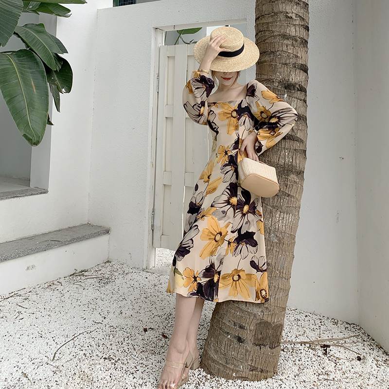 ワンピース ドレス カジュアル パーティードレス レディース ベージュ 花柄 スクエアカラー Aライン ミドル丈 長袖 レトロ セクシー セレブ 上品 カッコイイ 清楚 フェミニン 華やか きれいめ