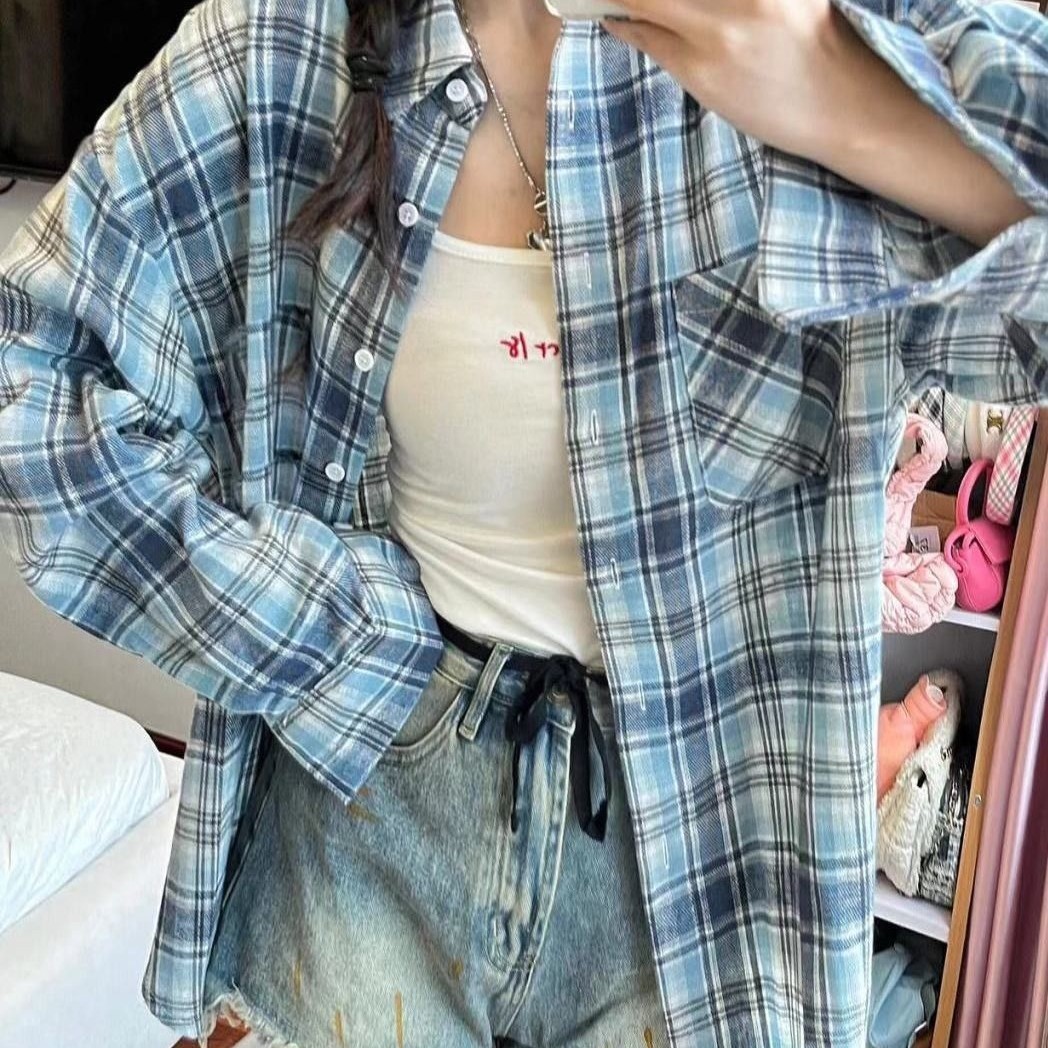 レトロ 青 チェック シャツ レディース 長袖 ゆったり シャツ 高級 ミドル丈 リラックス風 トップス1370