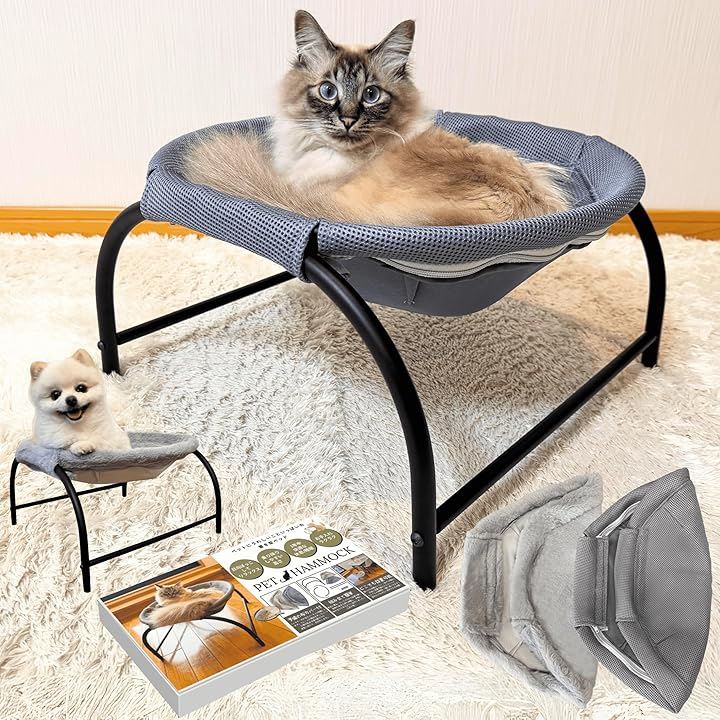 2025年新モデル 猫 犬 置き型 ハンモック ベッド ペットベッド 大型 カバー2枚入り ファスナー式 組立簡単 洗濯可能(グレー（メッシュ＆ファー）, 大（42cmx41cm）)