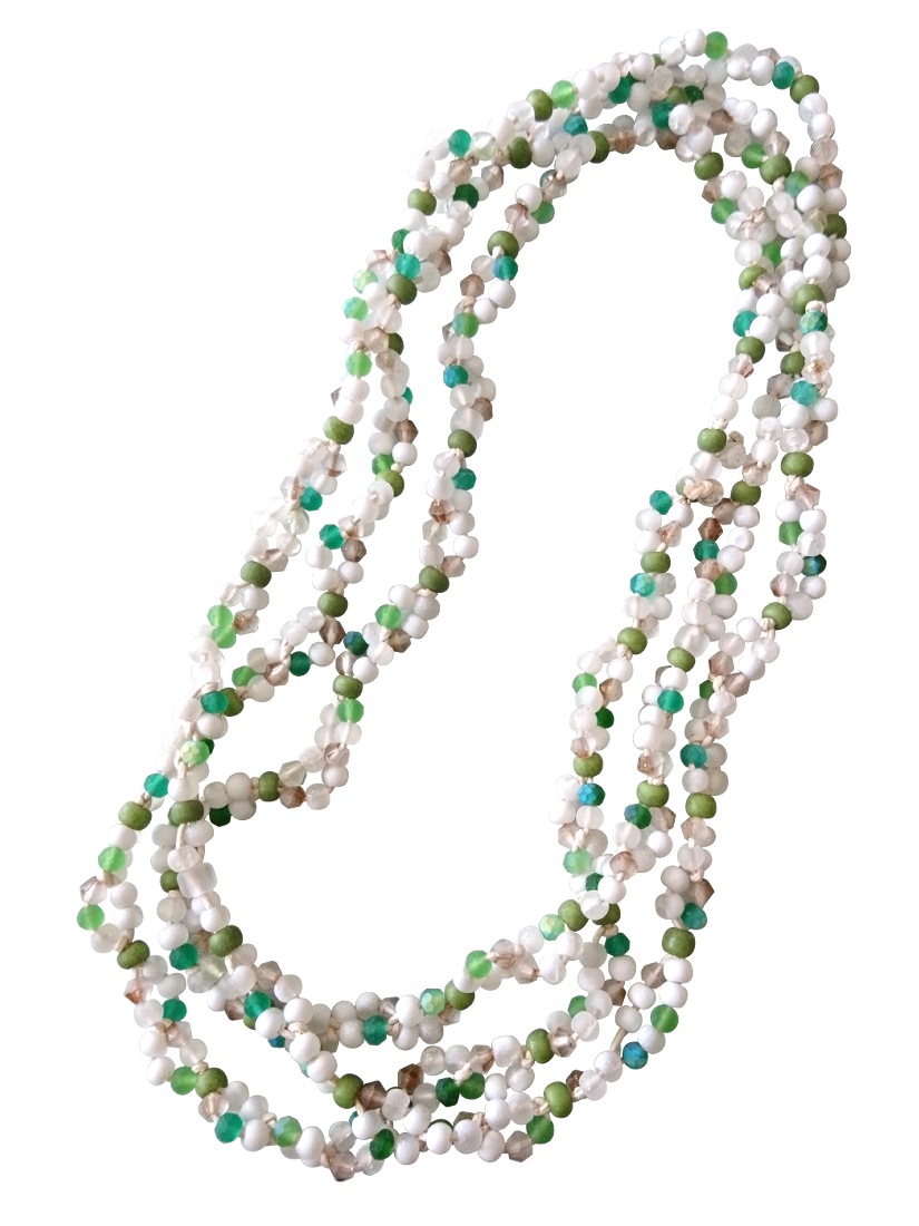 長さ約130cm スプリングカラーのガラスビーズ ロングネックレス white×green 金属不使用 (アクセサリー 春 夏 TOHOビーズ 日本製 レディース メンズ）