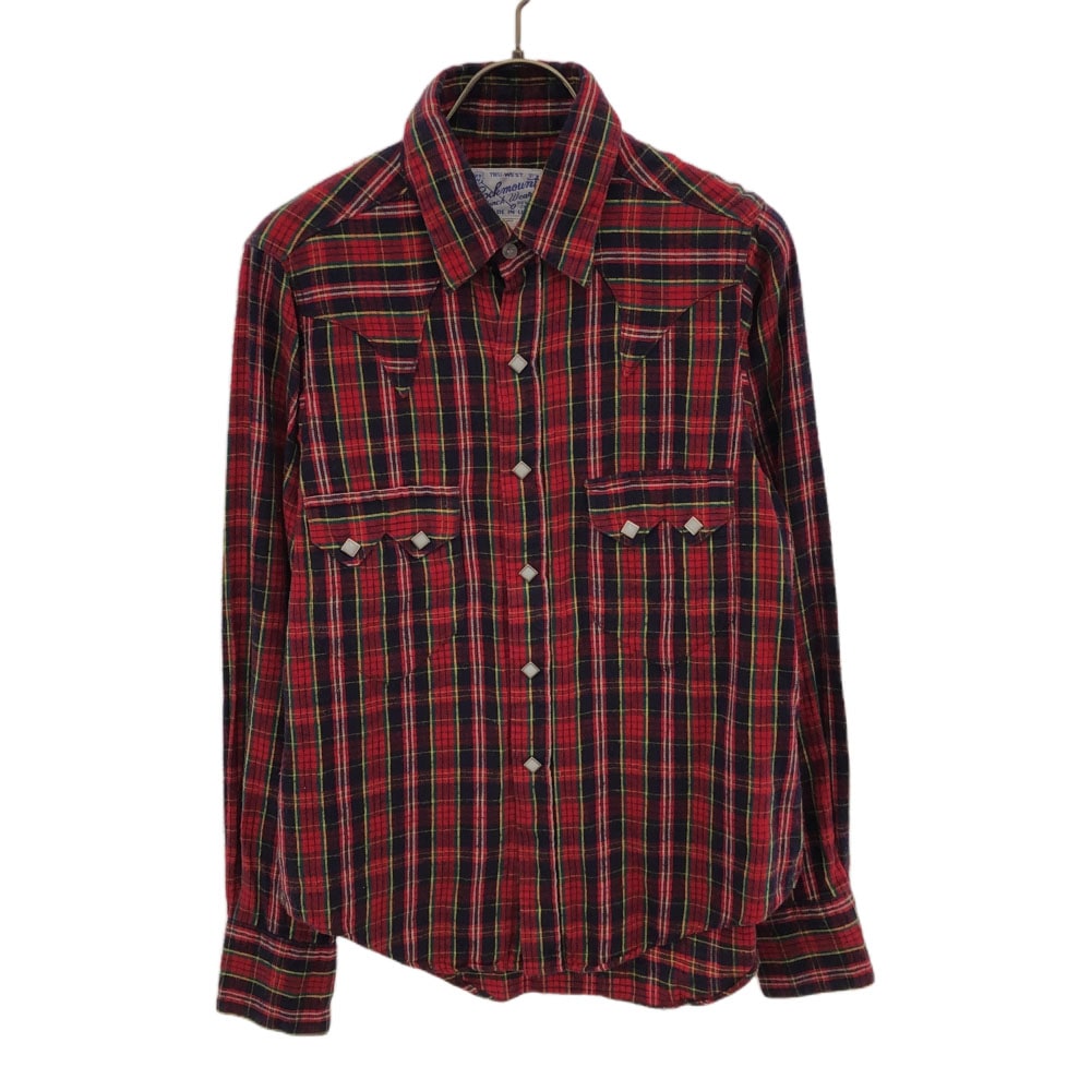 90s USA製 チェック柄 長袖 スナップボタン ペンホルダー ウエスタンシャツ 14.5×32 レッド系 オールド メンズ