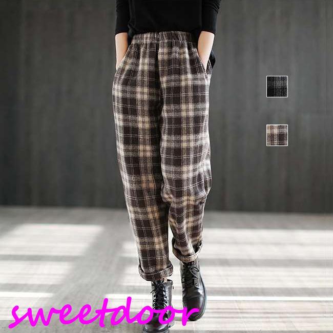 ズボン チェック柄 ロング丈パンツ サルエルパンツ リラックスパンツ ロング丈 ウエストゴム 起毛 レディース ボトムス 4,345円