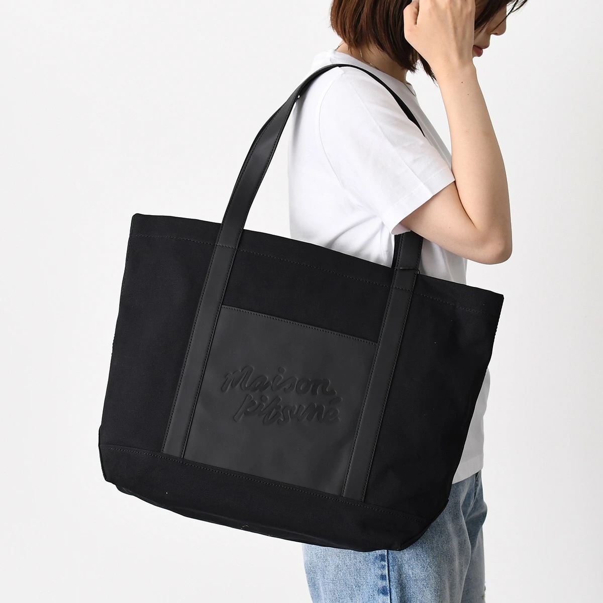トートバッグ キャンバス アンド レザー ラージ トート QU05106 WB0026 レディース ユニセックス ブラック 牛革 コットン