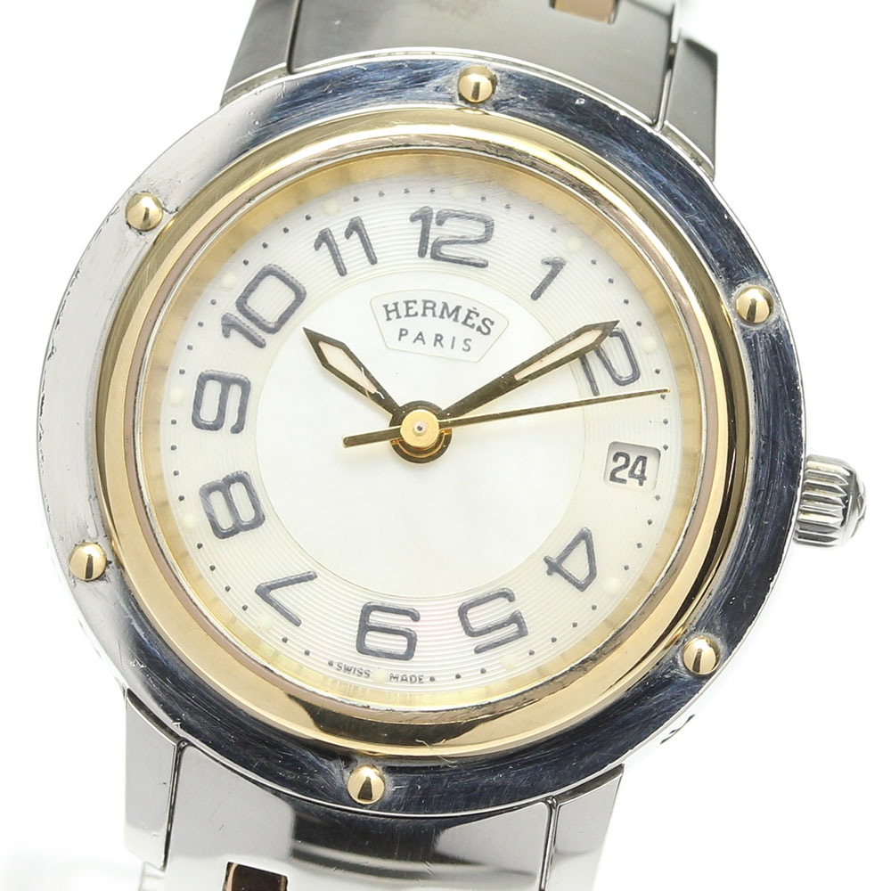 箱付き 良品【HERMES】エルメス クリッパー デイト CP1.221 クォーツ レディース【中古】