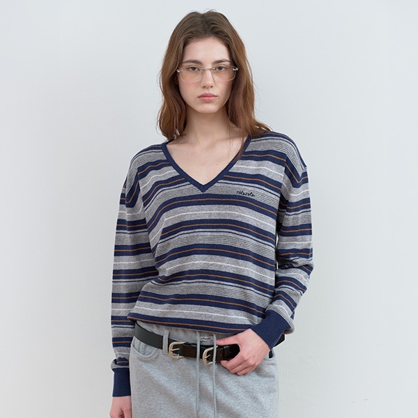 STRIPE V NECK KNIT NAVY