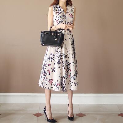 花柄 ワンピース きれいめ ノースリーブ カジュアル おしゃれ レディース 小花柄 可愛い Ａライン ネック フレア ひざ下 ドレス ロング丈 ミモレ丈 ワンピ ウエストベルト オフィスカジュアル