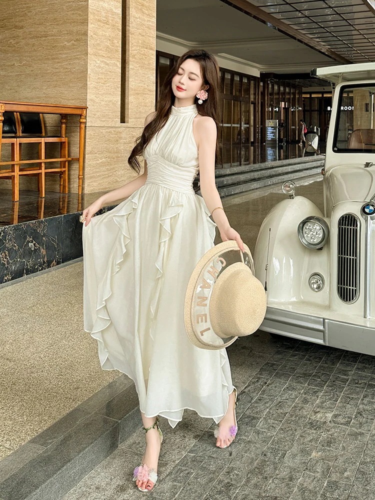 【JY.上品】 2024夏新品 ホルダーネック シフォンワンピース フリル お姫様 リゾート ボヘミア ドレス パーティー キャバ 大人 同窓会 披露宴 卒業式 結婚式 演奏会 ウェディング 二次会