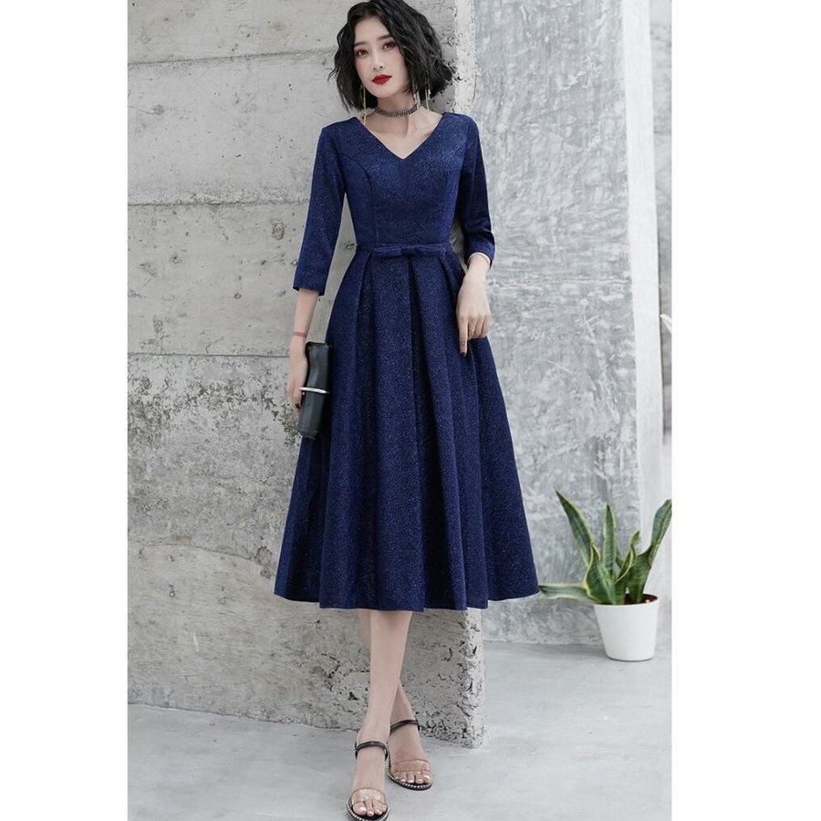 ミモレドレス 袖あり パーティードレス 10代20代30代40代 結婚式ワンピース おしゃれ カラー