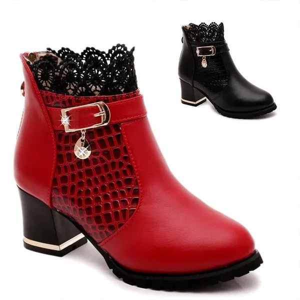 Women Leather Boots Female Short Boots Ankle Boots High Heel Boots Thick Heel Booties
