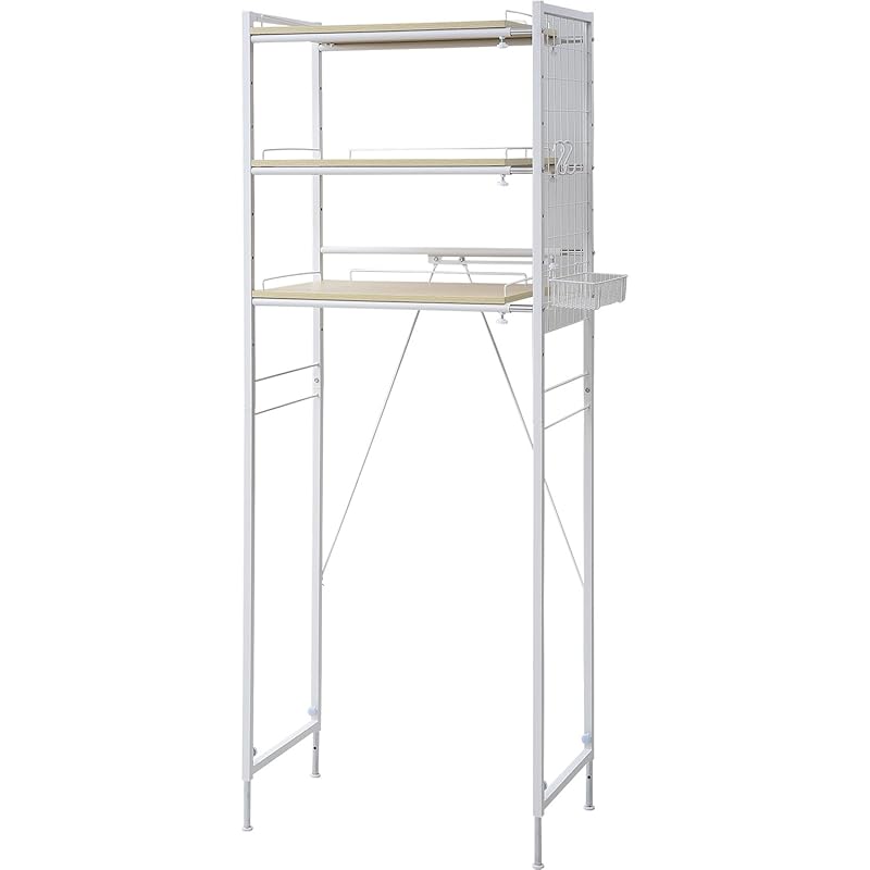 【即納】山善 ランドリーラック 幅65.5-90.5×奥行40.5×高さ180-190cm ミニバスケットS字フックアジャスターワイヤーネット付き 掛ける収納 組立品 ナチュラル/ホワイト RA
