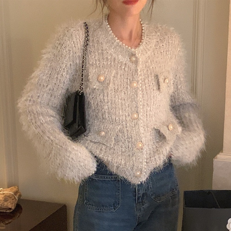 シャギーニット グレー ベージュ シャギーカーディガン ラメニット シャギートップス シャギー カーディガン ショート丈 ショート丈ニット パールニット フェイクパール 韓国 レディース オルチャン 6,186円