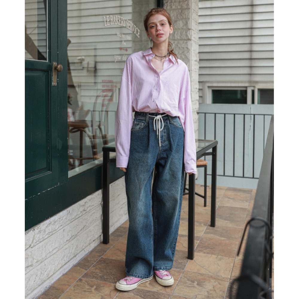 LOSSYROW ワイドストリングデニムパンツダークブルー