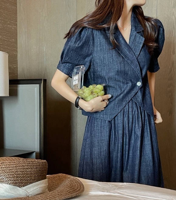 デニムセットアップ プルオーバー スカート セットアップ 半袖 ２点セット ロングスカート Vネック 韓国 レディース オルチャン レトロ 大人カジュアル ウエストゴム 襟あり 楽ちんコーデ