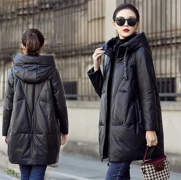レザーコートミディアム丈ダウンコートラムレザーコート本革ダウン羊革コートレディースアウターフード付きレディースコートミディアム丈ダウンジャケット防寒アウター1636407【限定大特価】