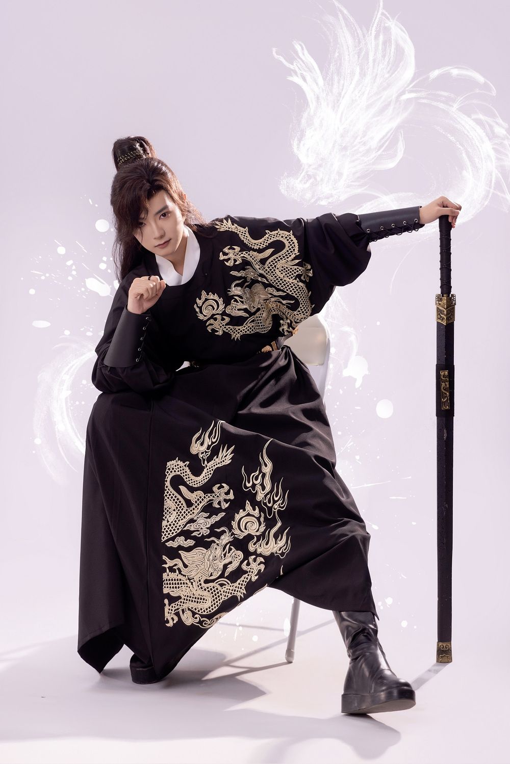 黒 ブラック 唐風丸襟ローブ 漢服 りゅう 龍 ドラゴン刺しゅう中華服 チャイナ服 中華コスプレ衣装 メンズ 男性 文化祭 セット 中国伝統衣装 エレガント 時代劇 華流 コスチューム ハロウィン衣装