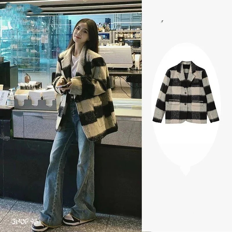 韓国レトロチェックアウター 高級感 レディース 通勤です ラシャコートオシャレルーズテーラードトップス30%制限