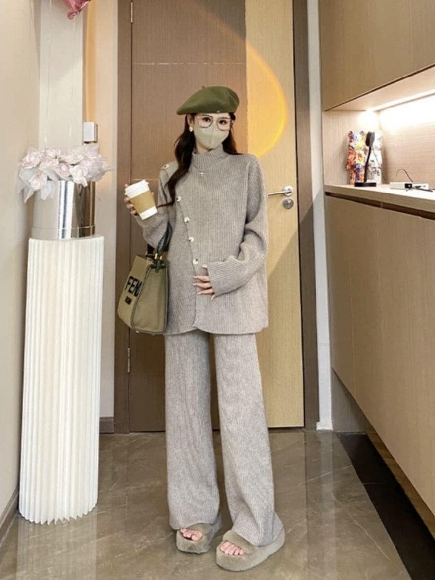 秋冬の新作発売！気質ファッションニットレジャースーツレディース秋冬新作厚手ジャンパーワイドパンツ2点セット