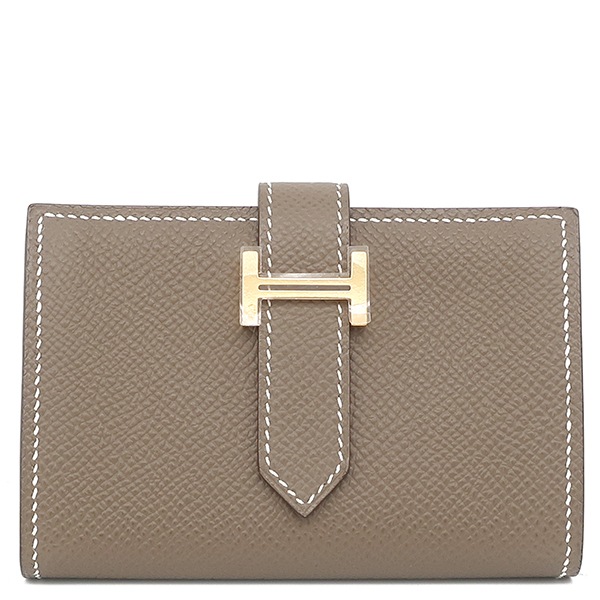 エルメス 二つ折り財布 ベアンミニ ヴォーエプソン エトゥープ ゴールド金具 新品 未使用 コンパクト財布 コインケース グレージュ K刻印(2025年製) 【箱】【中古】