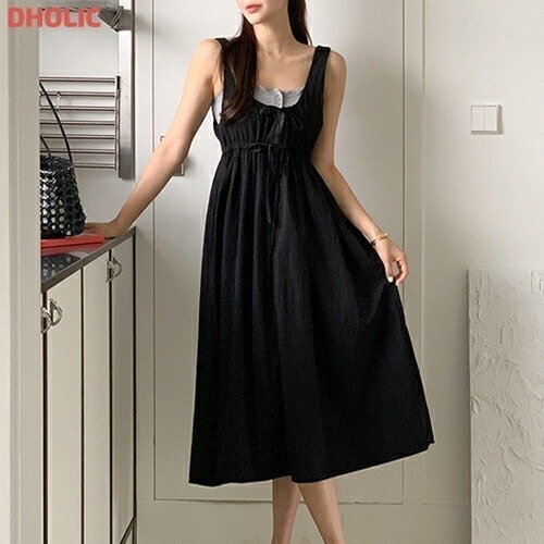 [メガ割りSALE]ロングフレアドローストリングレースツーピースノースリワンピースタンクトップ