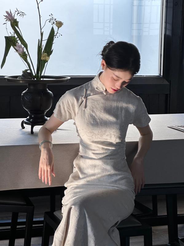 チャイナドレス レディース ワンピース 綿 リネン ジャカード ウエスト 夏 ホワイト