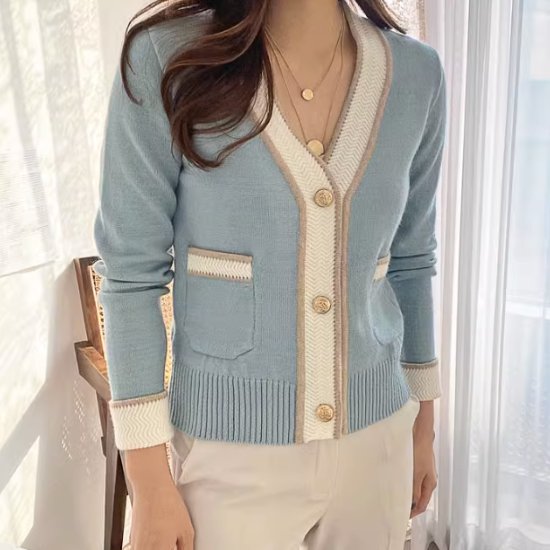 ニットカーディガン レディース 羽織 トップス ニット 長袖カーディガン Vネック ショート丈 配色デザイン フロントボタン シングルブレスト カジュアル お出かけ おしゃれ きれいめ エレガント 6,020円