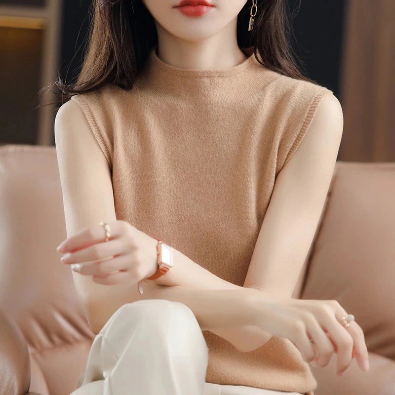 韓国 ファッション キャミソールトップス ハーフハイネックノースリーブタンクトップ 薄手 インナー エアリーキャミソール着痩せニットボトム