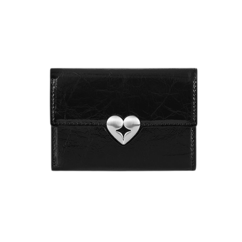 ハートロゴ プレート パテントレザー コンパクト ウォレット 三つ折り財布 ミニ財布 韓国ファッション