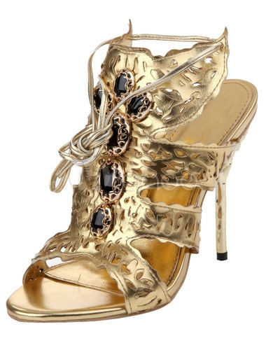 ゴールドスティレットヒールレジャースタイリッシュなスライド