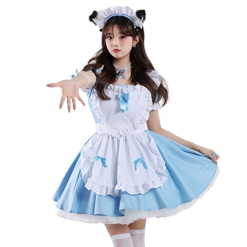 青白メイド服日韓アリスソフト妹ロリータメイドスカート ふじんふくワンピース