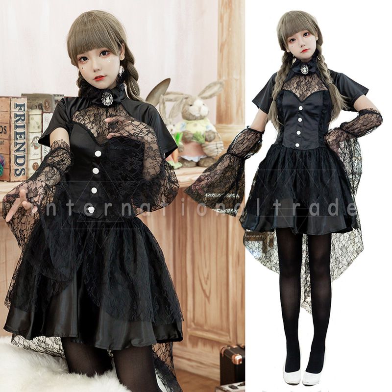 海外 コスプレ服 吸血鬼風 ブラック ワンピース レディース 衣装 ハロウィン 仮装 ヴァンパイア コスチューム ゴシック風 セクシー ダークファンタジー ドラキュラ風 フリル レース ミニ丈
