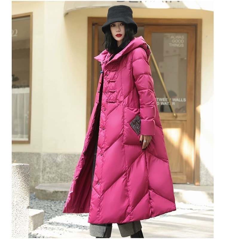 レトロバックルホワイトダックダウンロングフード付きカラーダウンジャケット女性用2023冬ファッションカジュアル暖かいジャケット