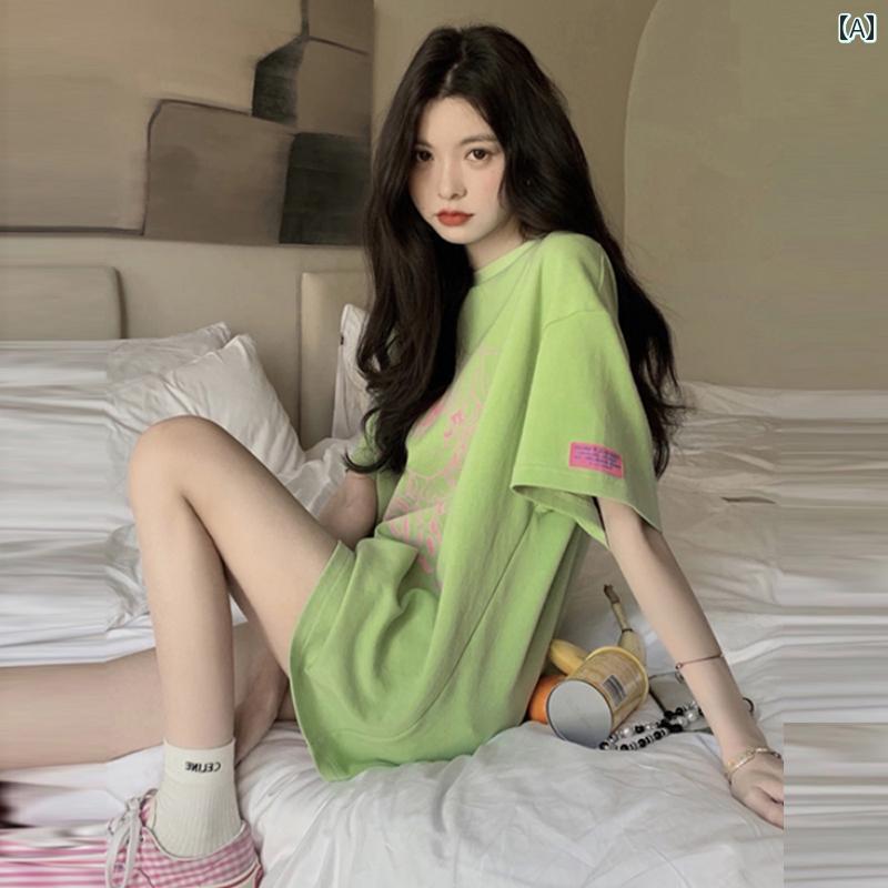 レディース トップス カジュアル おしゃれ 緑 大きめ 半袖 Tシャツ 夏 レングス 綿 ボトムス トレンディ Tシャツ