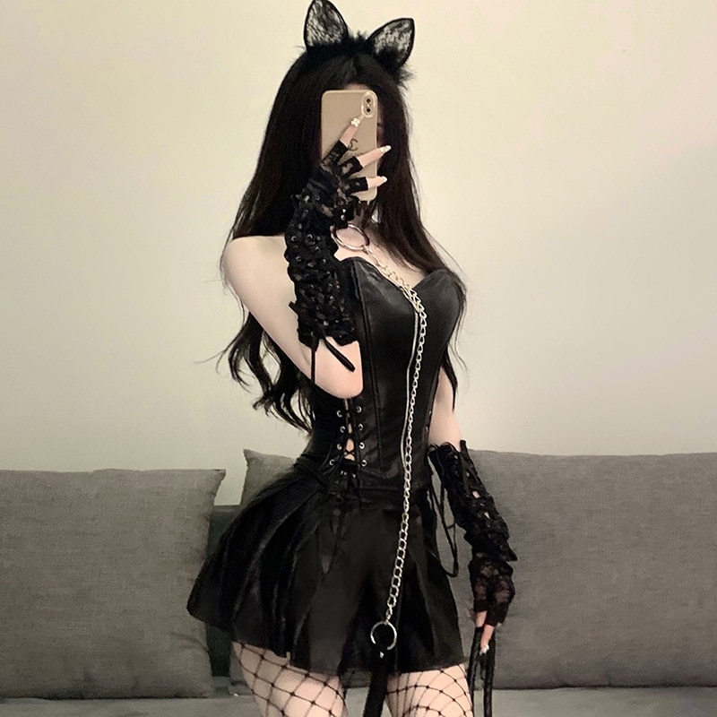 コスプレ 猫 コスチューム 4点セット セクシー 制服 黒 スカート 可愛い バニーガール チョーカー 舞踏会パーティー衣装演出 PU　COS