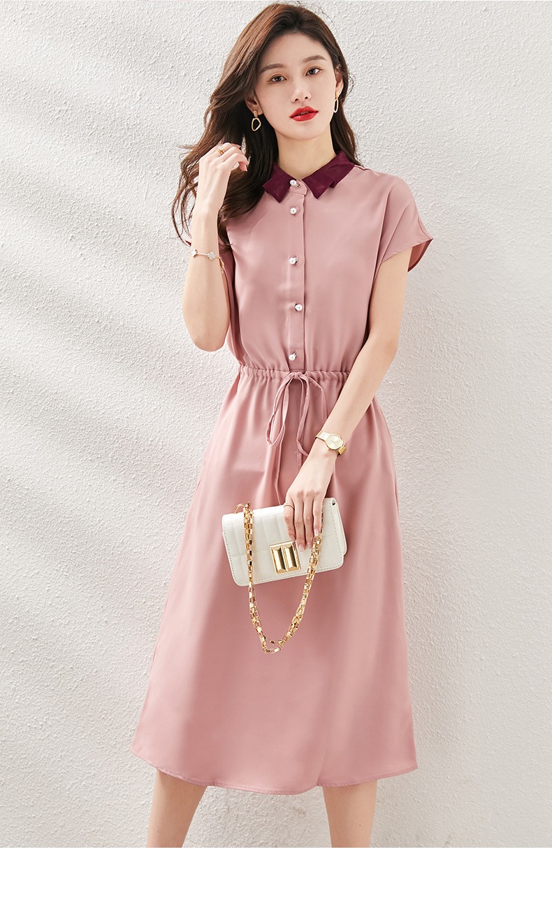 夏 女性 フレンチ スタイル ニッチ ウエスト 穏やかな 薄い セクション シフォンドレス ピンク ブラック グリーン M L XL XXL ワンピース 袖あり かわいい 大人可愛い きれいめ