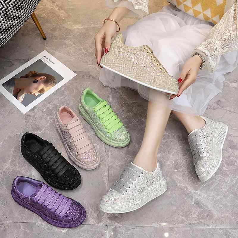 スニーカー レディース メンズ シューズ ラインストーン 厚底 スポーツ カジュアル ファッション 秋 シルバー パープル ピンク