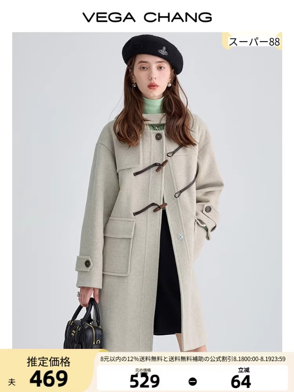 ホットセールホーンボタンウールコートスモールファッションフード付きウールコート2025冬新スタイル