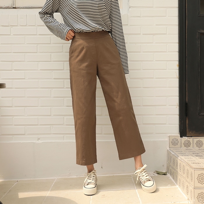 [韓国ファッション] バックウエストゴム ハーフハイウエスト ストレートワイドパンツ