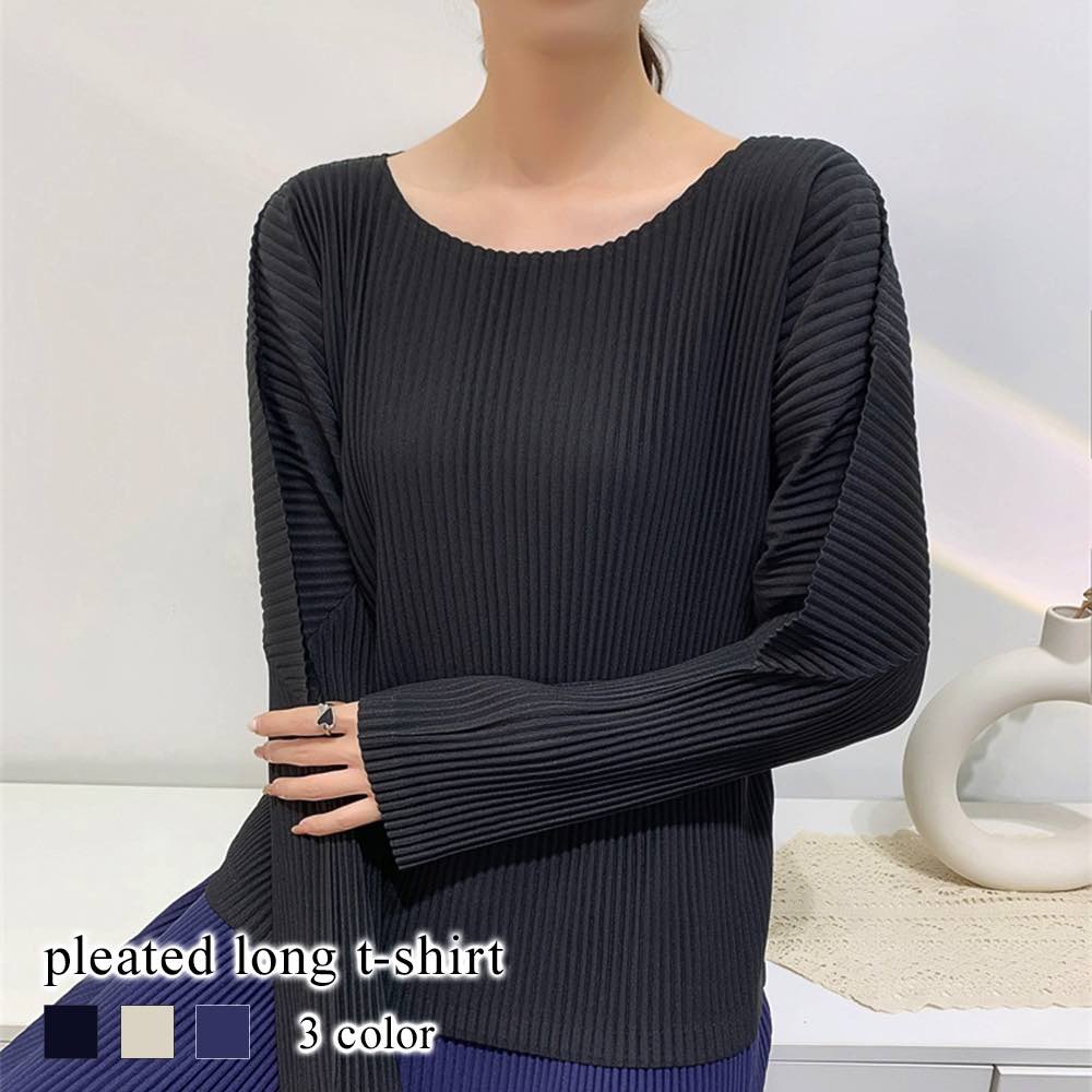 Tシャツ レディース プリーツロングTシャツ ブラック 大人 かわいい 暖かい 人気 秋 シャツ 無地 キャンバー Vネック ティーシャツ ブラウス おしゃれ ロゴ ロング スポーツ カジュアル 長袖