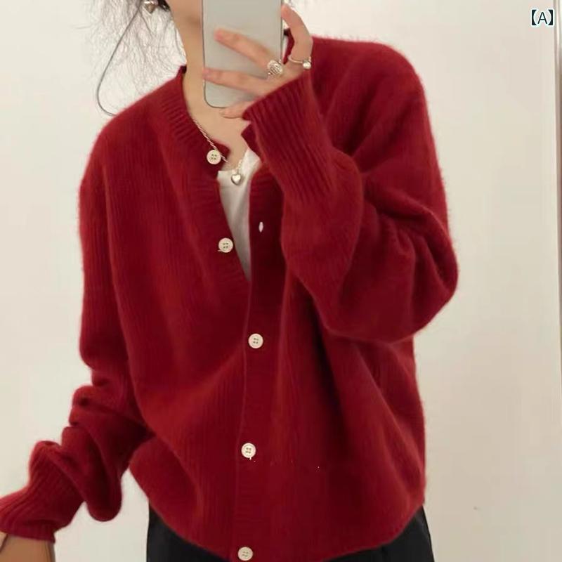 ニット レディース カーディガン おしゃれ カジュアル 大きめサイズ 秋冬 ラウンドネック 無地 韓国 厚手 セーター ウール レッド イエロー ベージュ 10,541円