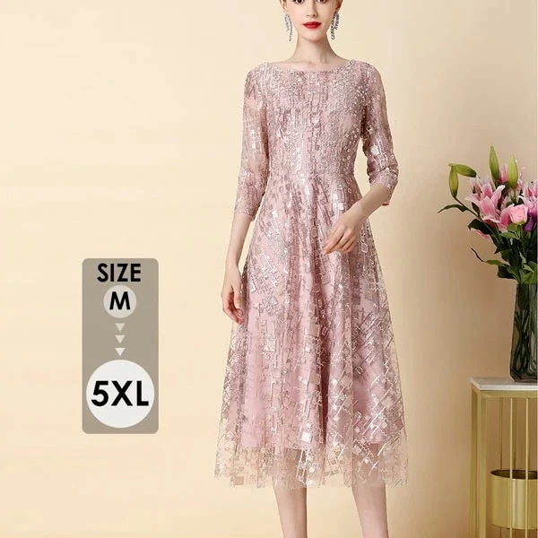 【急速出荷!】イブニングドレス ミディ丈ドレス カラオケドレス ピンク 結婚式・2次会・お呼ばれ・食事会 七分袖 パーティードレス 大きいサイズ 5XLミセス 発表会 演奏会用ドレス ピアノ 合唱 披