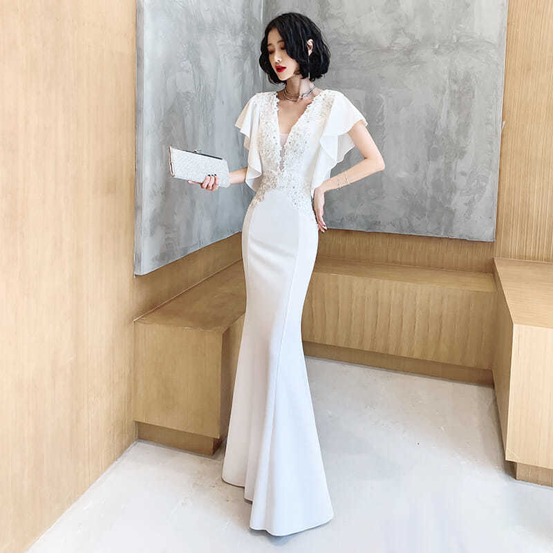 パーティードレス ドレス ワンピース 愛されドッキングワンピース 小さなイブニングドレススカート女性マーメイドバンケット高度な質感白気質サテンパフォーマンスロングセクション